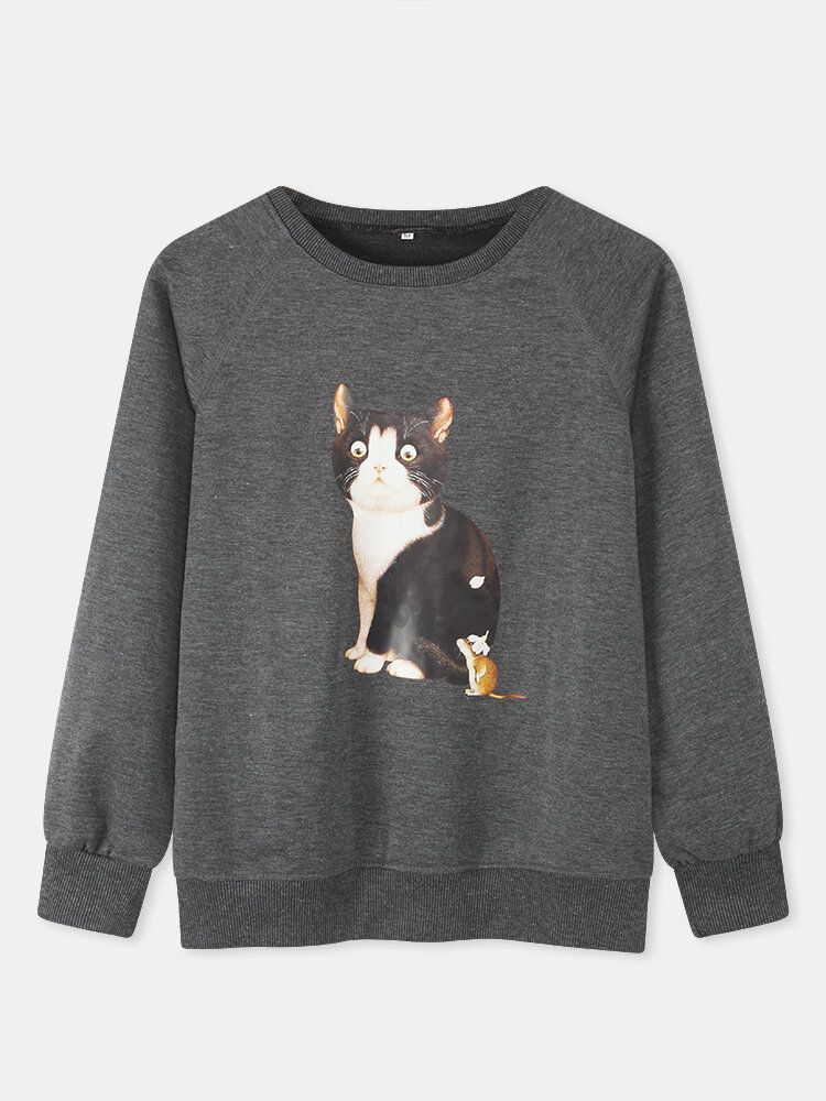 Damer Söt Katt Grafik Rundhalsad Casual Raglan Ärm Sweatshirts