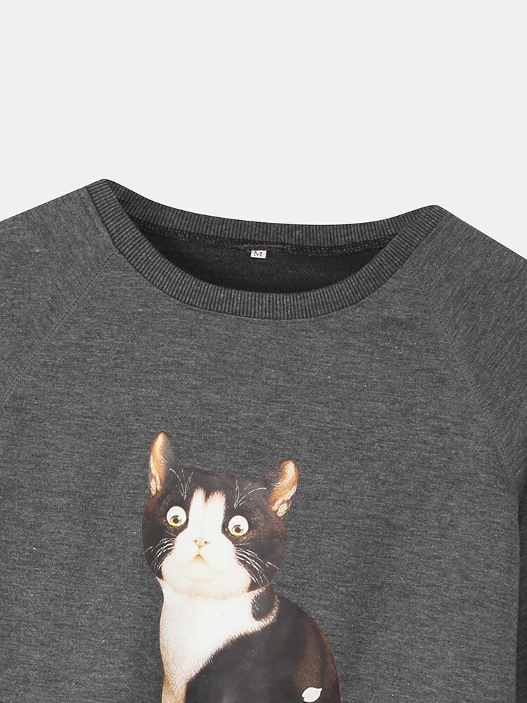 Damer Söt Katt Grafik Rundhalsad Casual Raglan Ärm Sweatshirts