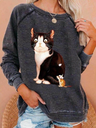 Damer Söt Katt Grafik Rundhalsad Casual Raglan Ärm Sweatshirts