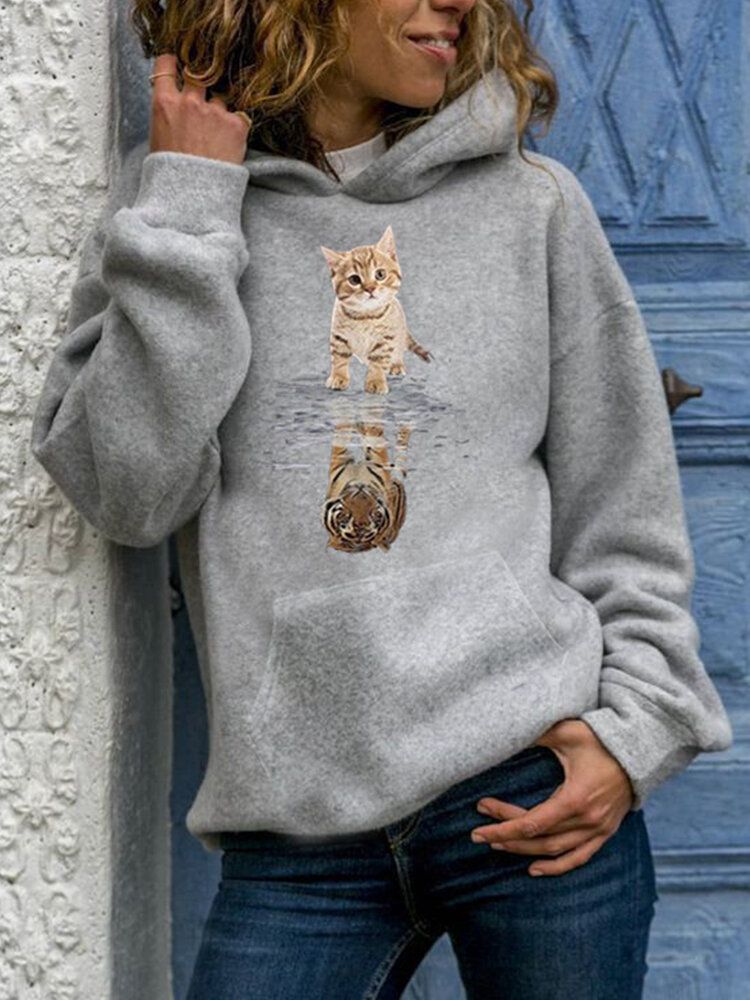 Damer Söt Katt Grafiskt Tryck Långärmad Casual Pullover Hoodie