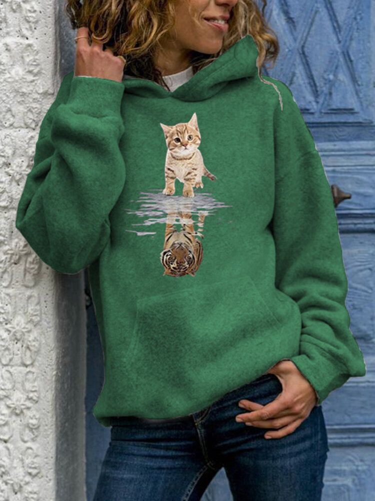 Damer Söt Katt Grafiskt Tryck Långärmad Casual Pullover Hoodie