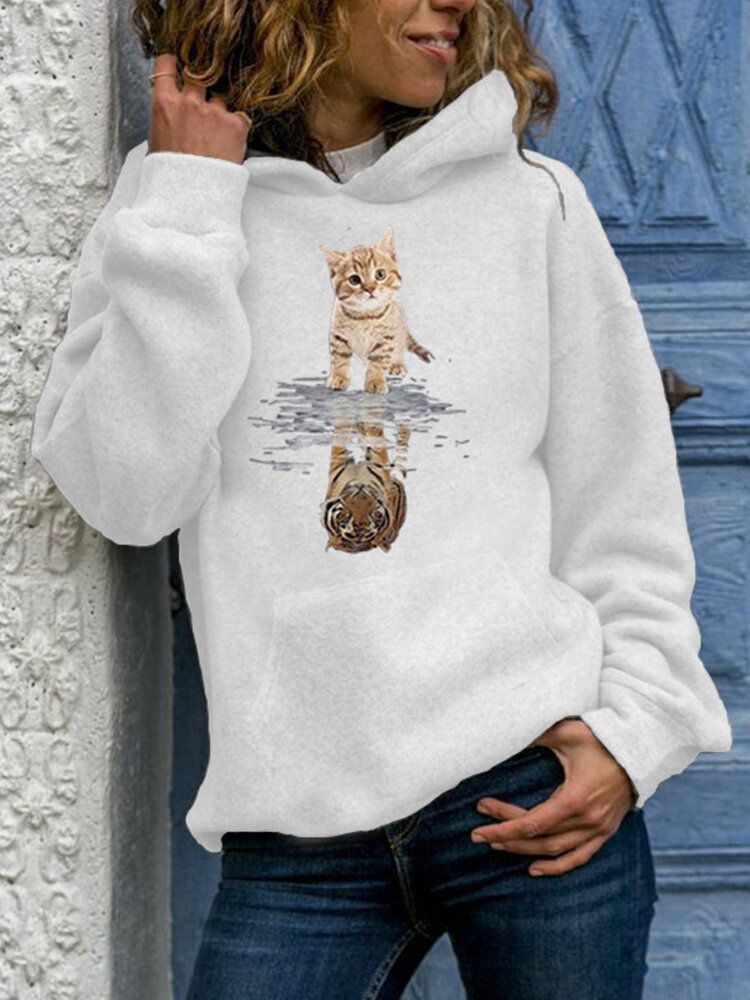 Damer Söt Katt Grafiskt Tryck Långärmad Casual Pullover Hoodie