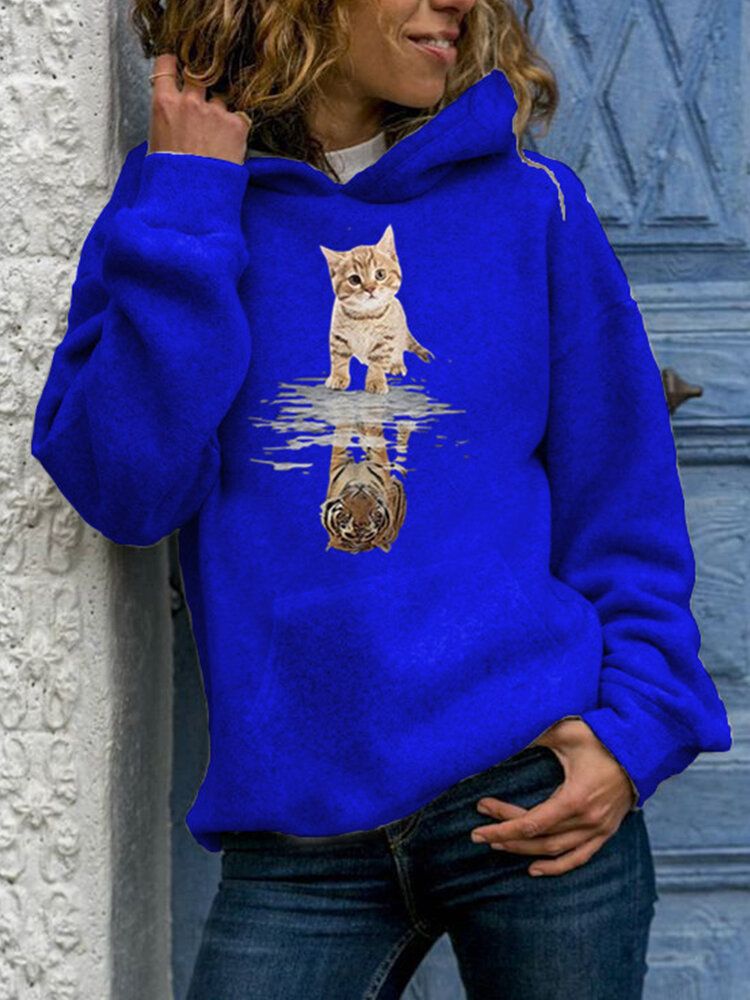 Damer Söt Katt Grafiskt Tryck Långärmad Casual Pullover Hoodie