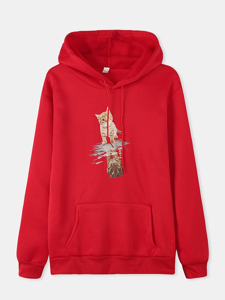 Damer Söt Katt Grafiskt Tryck Långärmad Casual Pullover Hoodie