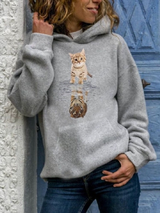 Damer Söt Katt Grafiskt Tryck Långärmad Casual Pullover Hoodie