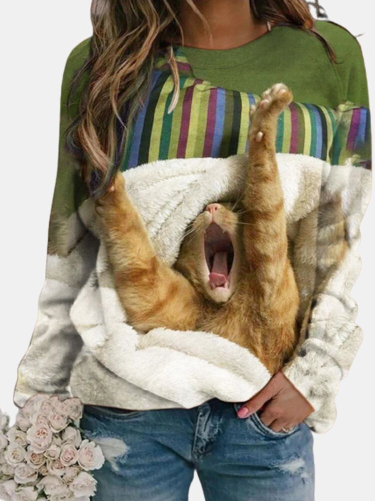 Damer Söt Katt Tryckt Rundhalsad Casual Raglanärm Sweatshirts