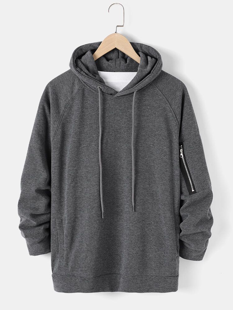 Enfärgad Herr Basic Style Dragkedja Ärm Fickdetaljer Casual Hoodie