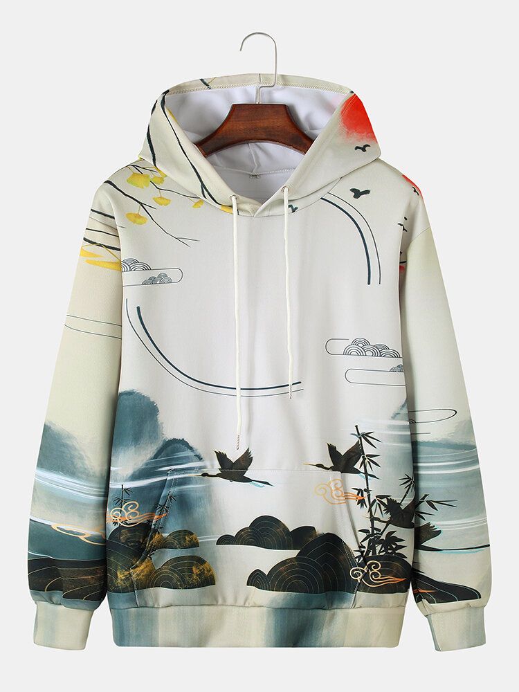 Etnisk Stil För Män Landskapsmålning Tryck Kangaroo Pocket Chinoiserie Hoodies