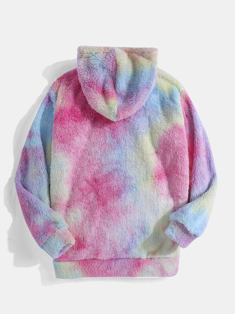 Färgglad Tie Dye Plysch Långärmad Fluffig Luvtröja För Män Med Ficka