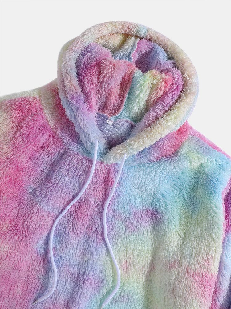 Färgglad Tie Dye Plysch Långärmad Fluffig Luvtröja För Män Med Ficka