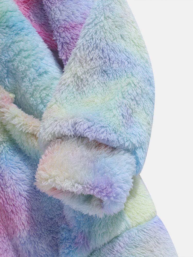 Färgglad Tie Dye Plysch Långärmad Fluffig Luvtröja För Män Med Ficka