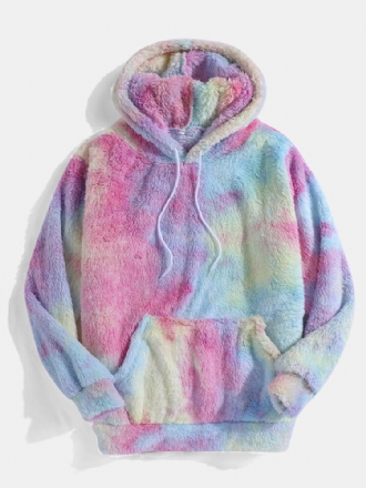 Färgglad Tie Dye Plysch Långärmad Fluffig Luvtröja För Män Med Ficka