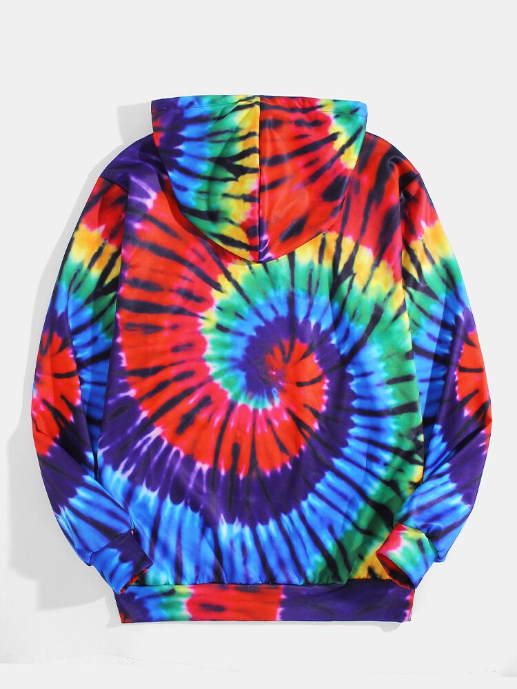 Färgglada Tie-dye Print Pocket Long Sleeve Design Huvtröjor Med Ficka För Män