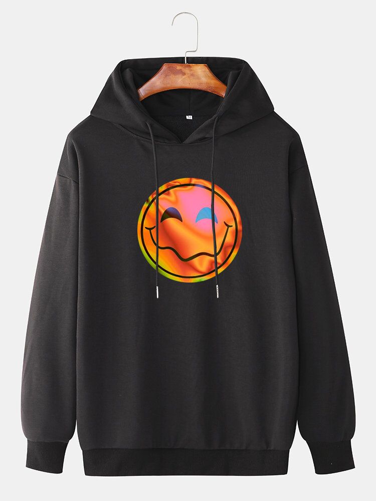 Funny Flame Smile Emojistryck För Män Med Dragsko Casual Pullover Hoodie