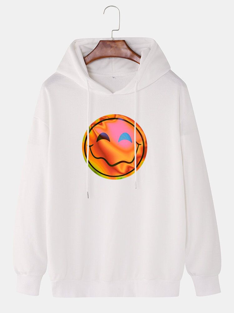 Funny Flame Smile Emojistryck För Män Med Dragsko Casual Pullover Hoodie