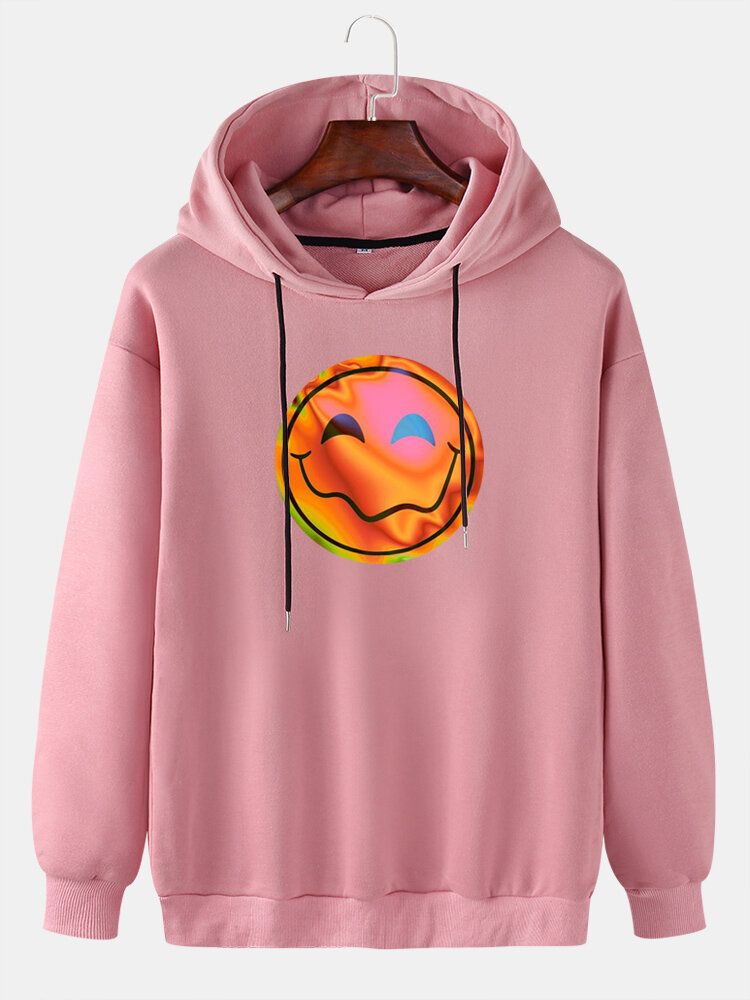 Funny Flame Smile Emojistryck För Män Med Dragsko Casual Pullover Hoodie