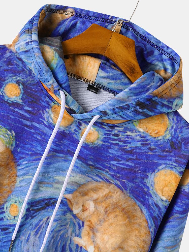 Herr All Over Cat Målartryck Dragsko Pullover Huvtröjor Med Ficka