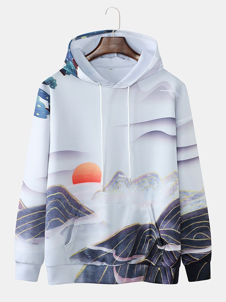 Herr All Over Landscape Print Casual Pullover Med Dragsko