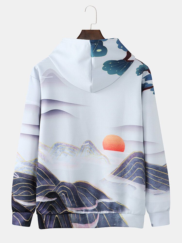 Herr All Over Landscape Print Casual Pullover Med Dragsko