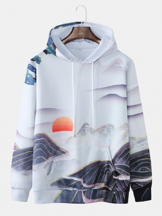 Herr All Over Landscape Print Casual Pullover Med Dragsko