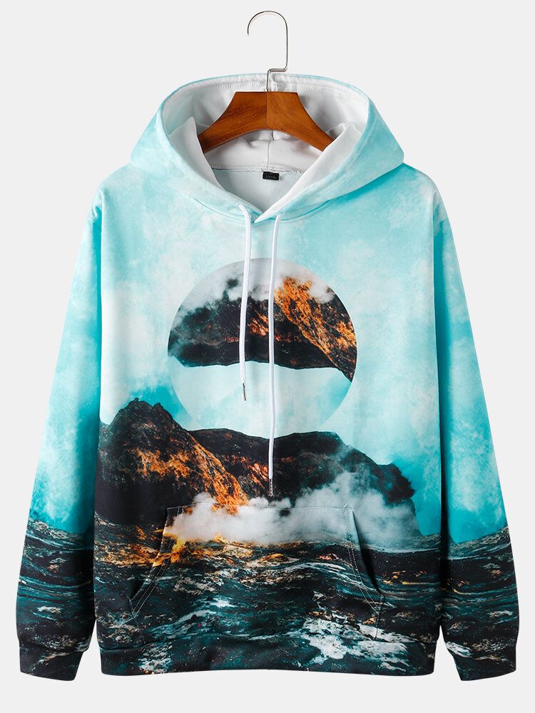 Herr All Over Mountain Scenery Print Hoodies Med Dragsko