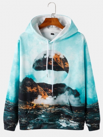 Herr All Over Mountain Scenery Print Hoodies Med Dragsko