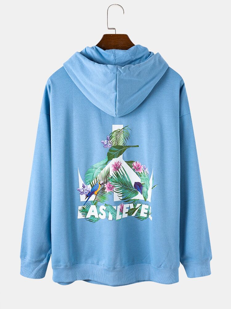 Herr Blad Plant Bokstavstryck Långärmad Drop Shoulder Blå Hoodies