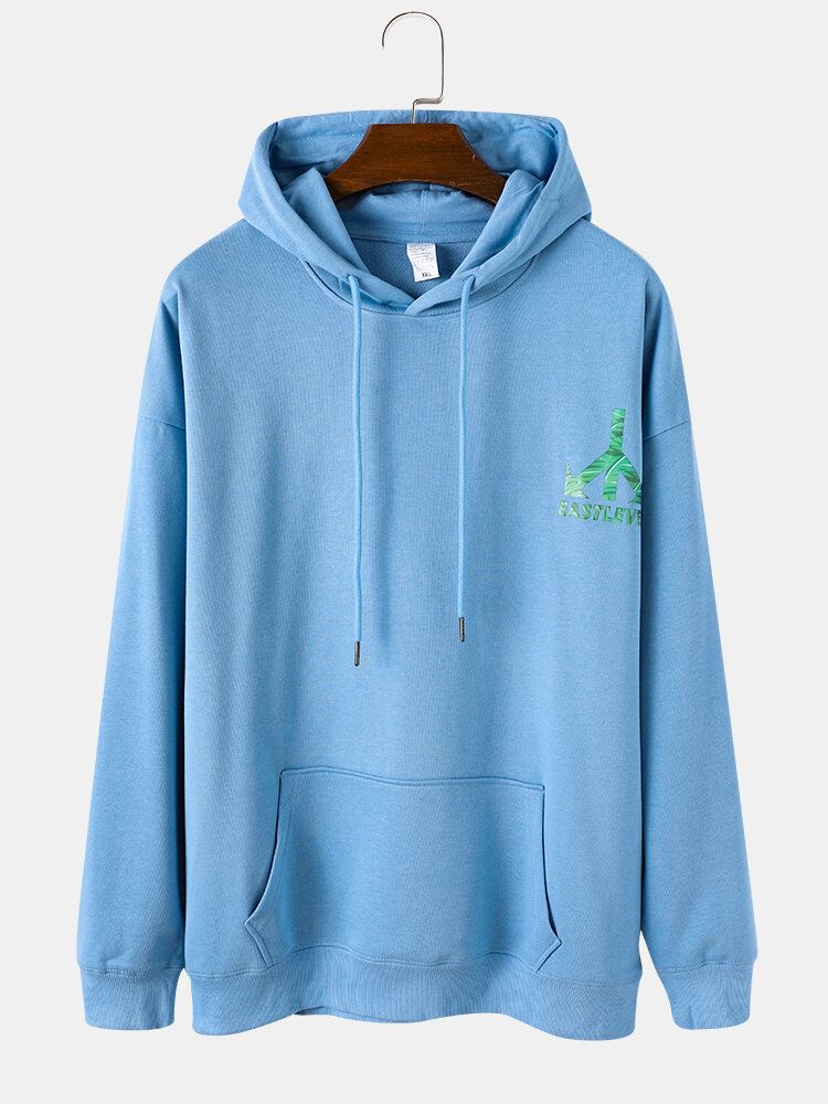 Herr Blad Plant Bokstavstryck Långärmad Drop Shoulder Blå Hoodies