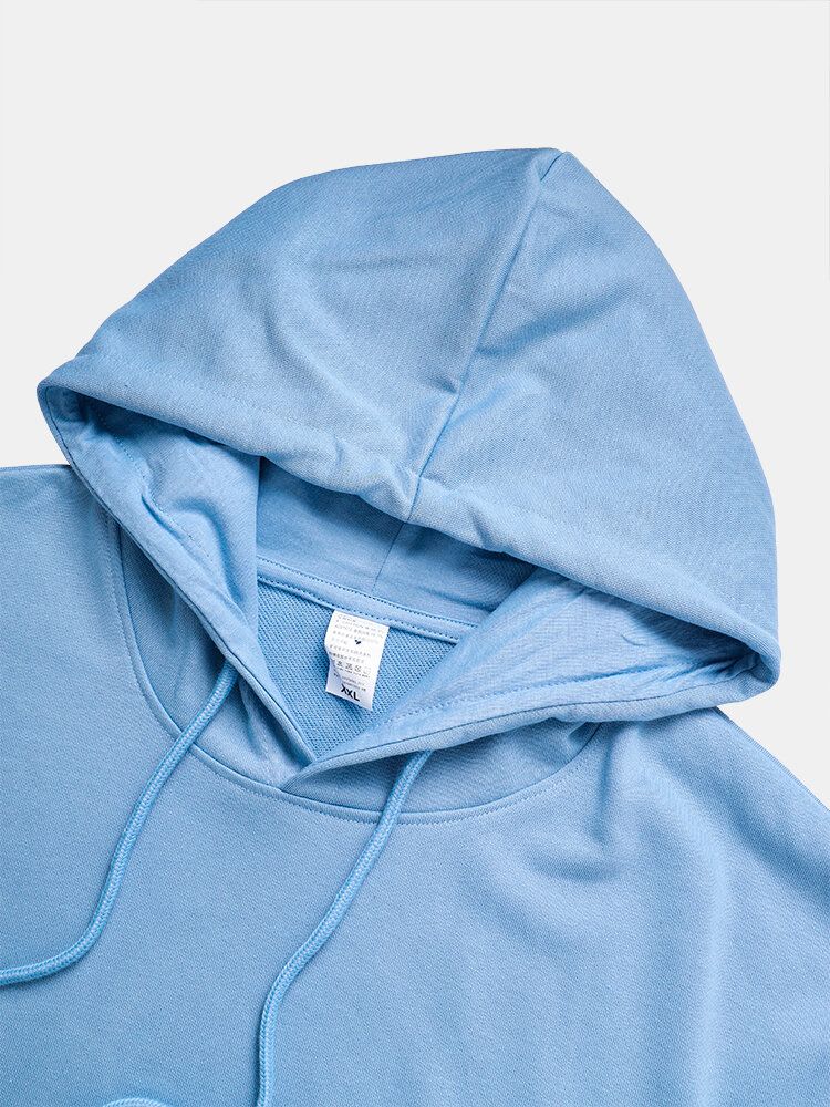 Herr Blad Plant Bokstavstryck Långärmad Drop Shoulder Blå Hoodies