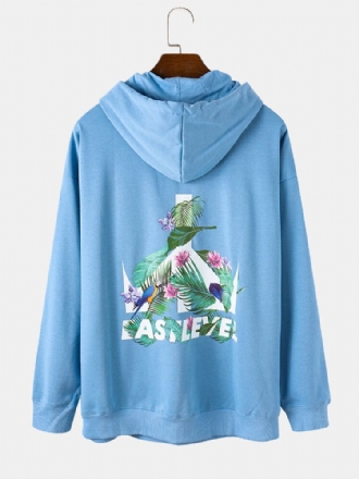 Herr Blad Plant Bokstavstryck Långärmad Drop Shoulder Blå Hoodies