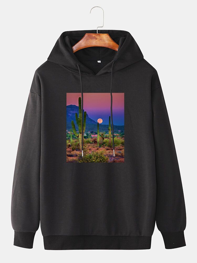 Herr Cactus Landscape Graphic Drop Shoulder Huvtröjor Med Dragsko