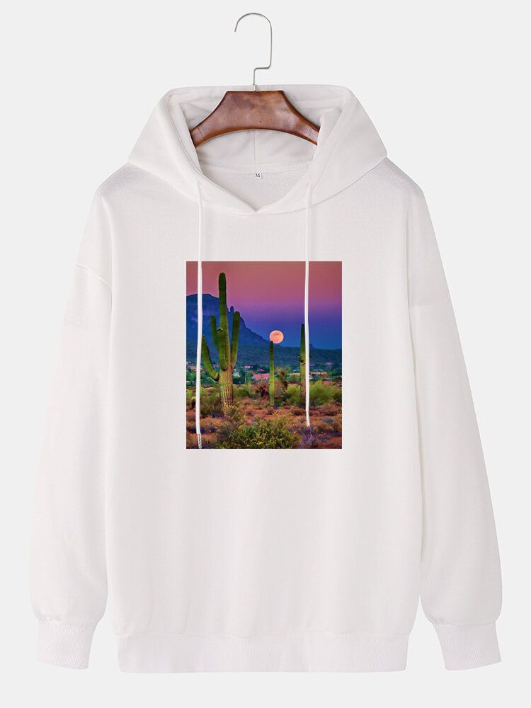 Herr Cactus Landscape Graphic Drop Shoulder Huvtröjor Med Dragsko