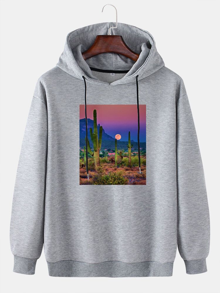 Herr Cactus Landscape Graphic Drop Shoulder Huvtröjor Med Dragsko