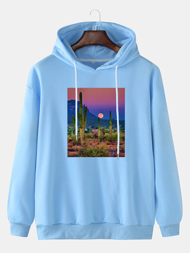 Herr Cactus Landscape Graphic Drop Shoulder Huvtröjor Med Dragsko