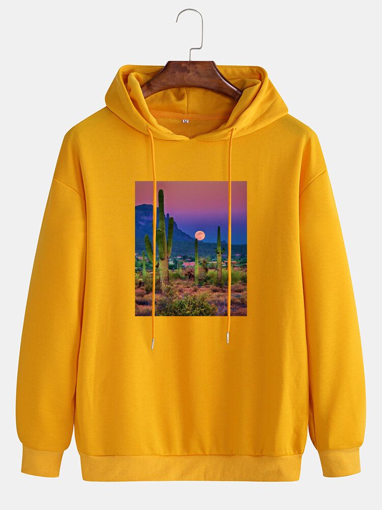 Herr Cactus Landscape Graphic Drop Shoulder Huvtröjor Med Dragsko