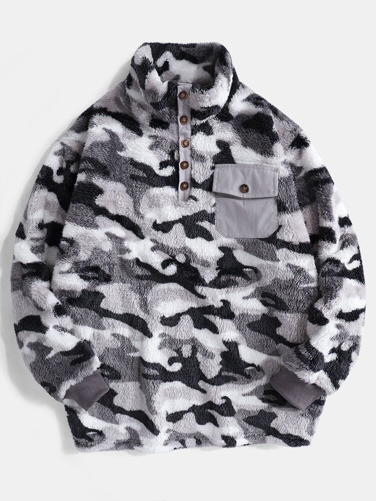 Herr Camo Half Button Stand Krage Fluffy Plysch Varm Pullover Sweatshirts