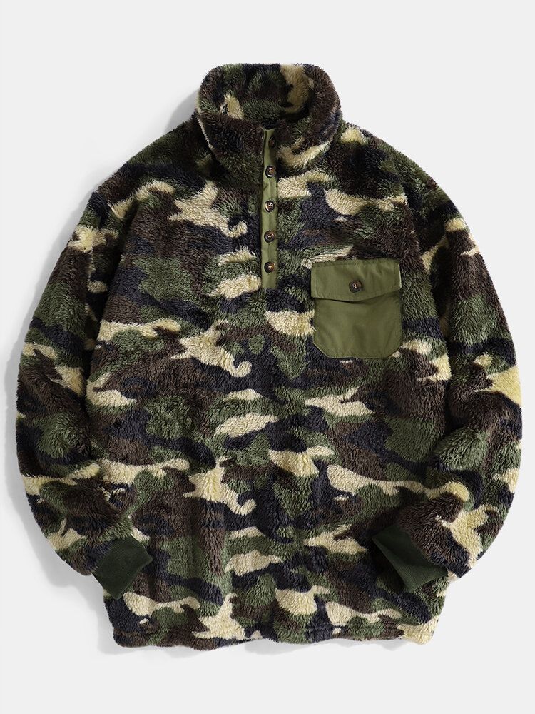 Herr Camo Half Button Stand Krage Fluffy Plysch Varm Pullover Sweatshirts