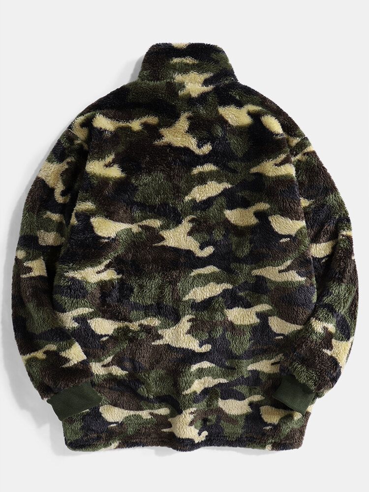 Herr Camo Half Button Stand Krage Fluffy Plysch Varm Pullover Sweatshirts