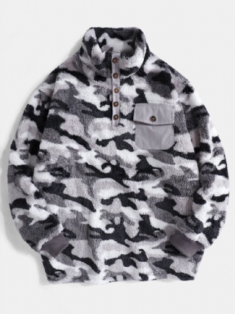 Herr Camo Half Button Stand Krage Fluffy Plysch Varm Pullover Sweatshirts