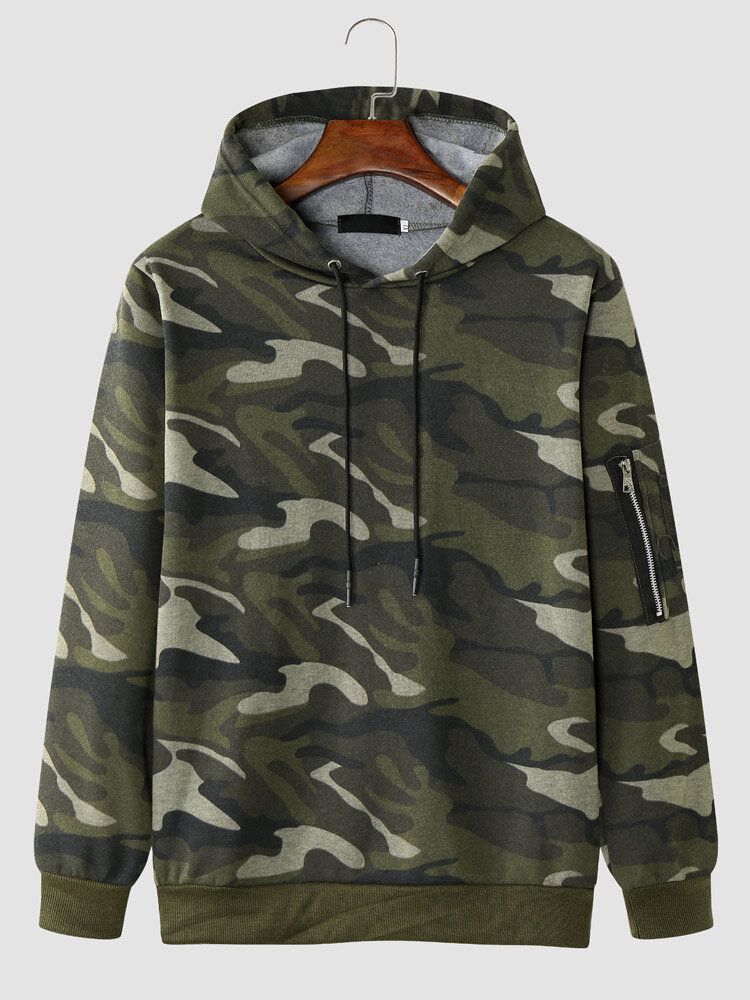 Herr Camo Print Dragkedja Bodycorn Hem Casual Hood Sweatshirt