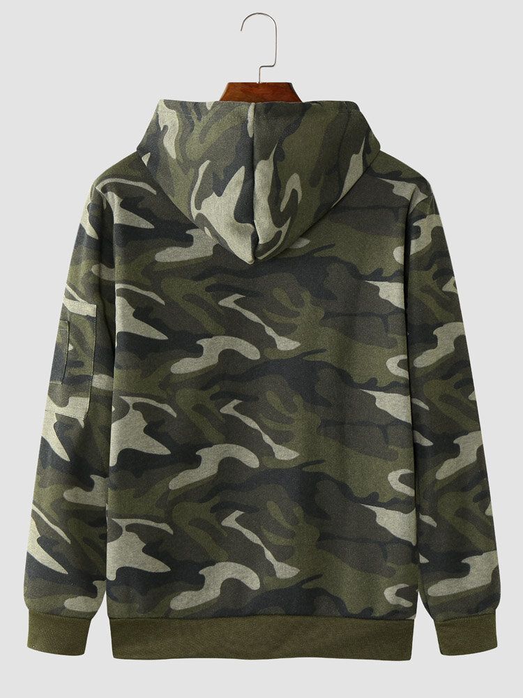 Herr Camo Print Dragkedja Bodycorn Hem Casual Hood Sweatshirt