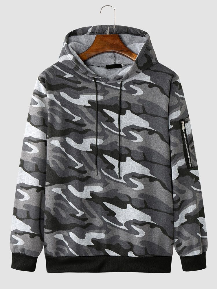 Herr Camo Print Dragkedja Bodycorn Hem Casual Hood Sweatshirt