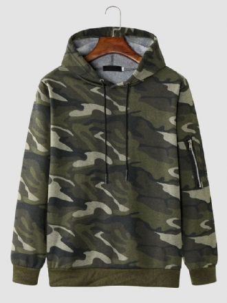 Herr Camo Print Dragkedja Bodycorn Hem Casual Hood Sweatshirt