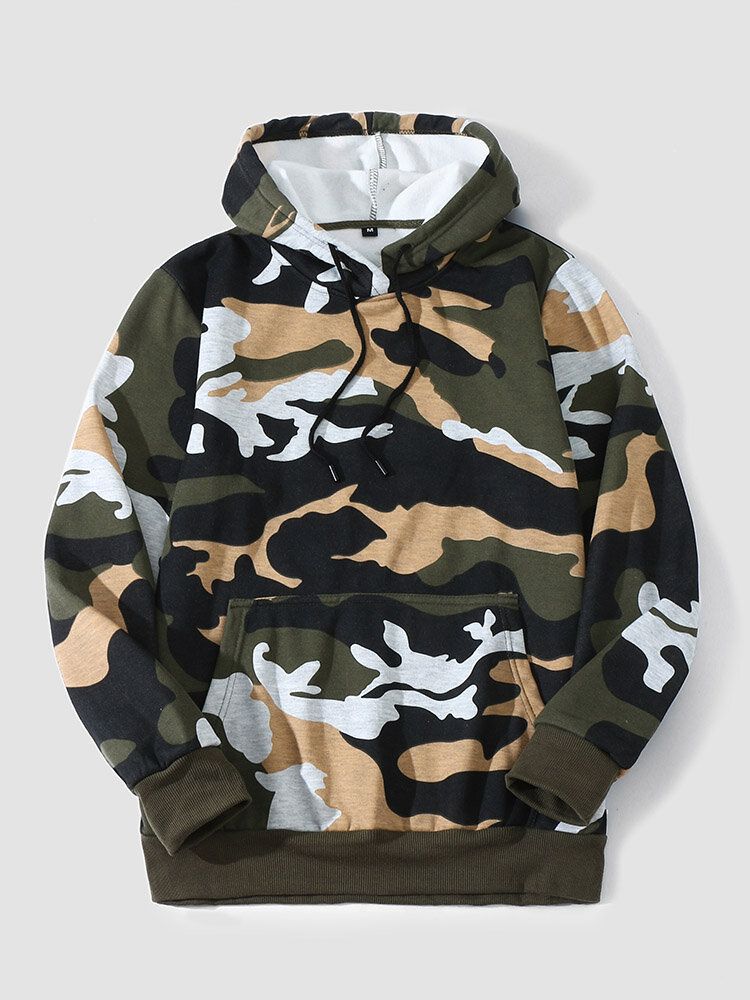 Herr Camo Print Kangaroo Pocket Bodycorn Hem Casual Hood Sweatshirt