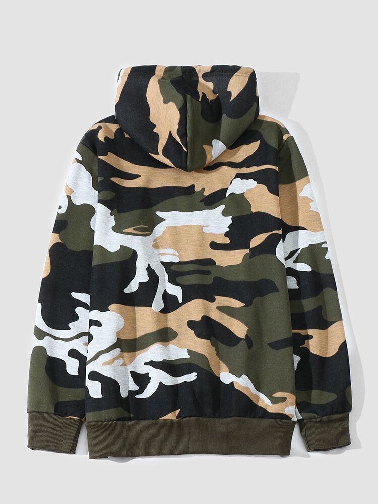 Herr Camo Print Kangaroo Pocket Bodycorn Hem Casual Hood Sweatshirt