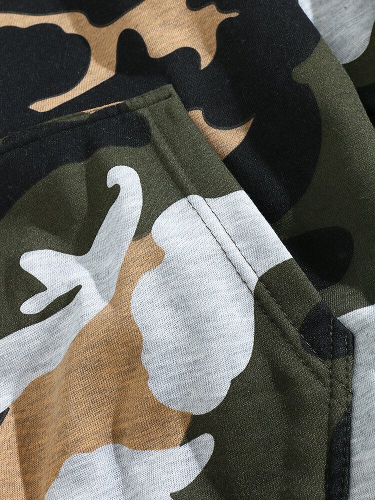 Herr Camo Print Kangaroo Pocket Bodycorn Hem Casual Hood Sweatshirt