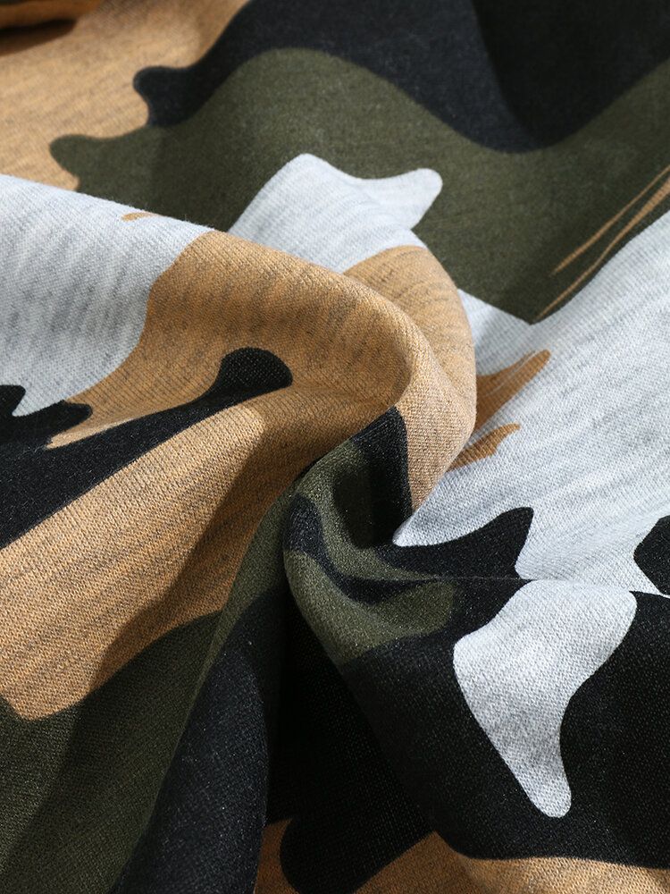 Herr Camo Print Kangaroo Pocket Bodycorn Hem Casual Hood Sweatshirt