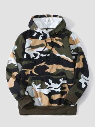 Herr Camo Print Kangaroo Pocket Bodycorn Hem Casual Hood Sweatshirt