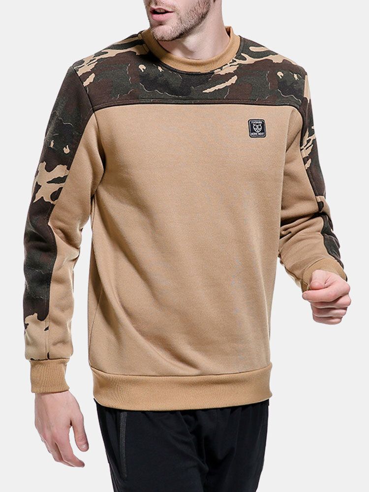 Herr Camo Print Patchwork Applikation Bodycorn Hem Pullover Sweatshirt