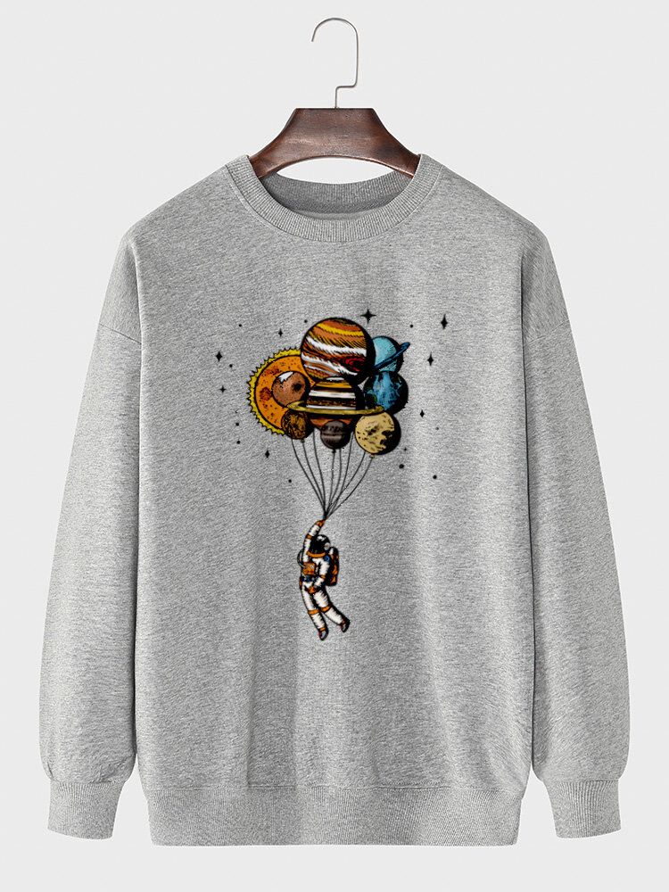 Herr Cartoon Planets Astronaut Print Crew Neck Pullover Bomullströja